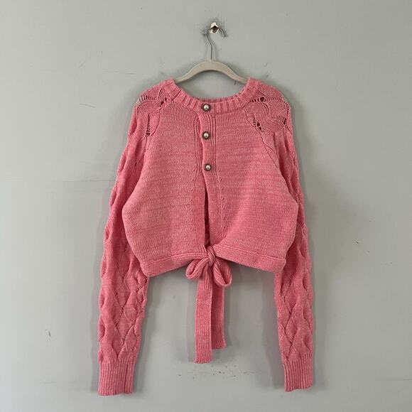 NWT Storia Sweetie Pie Cable Knit Pink Tie Back Pearl Button Sweater - Picture 3 of 5